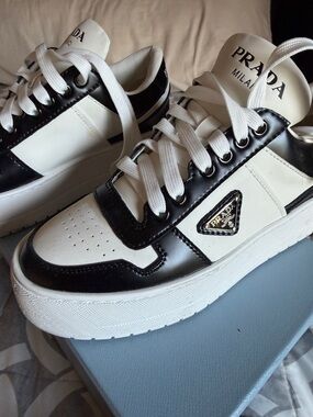 Prada Black and White Platform Lace-Up Sneakers